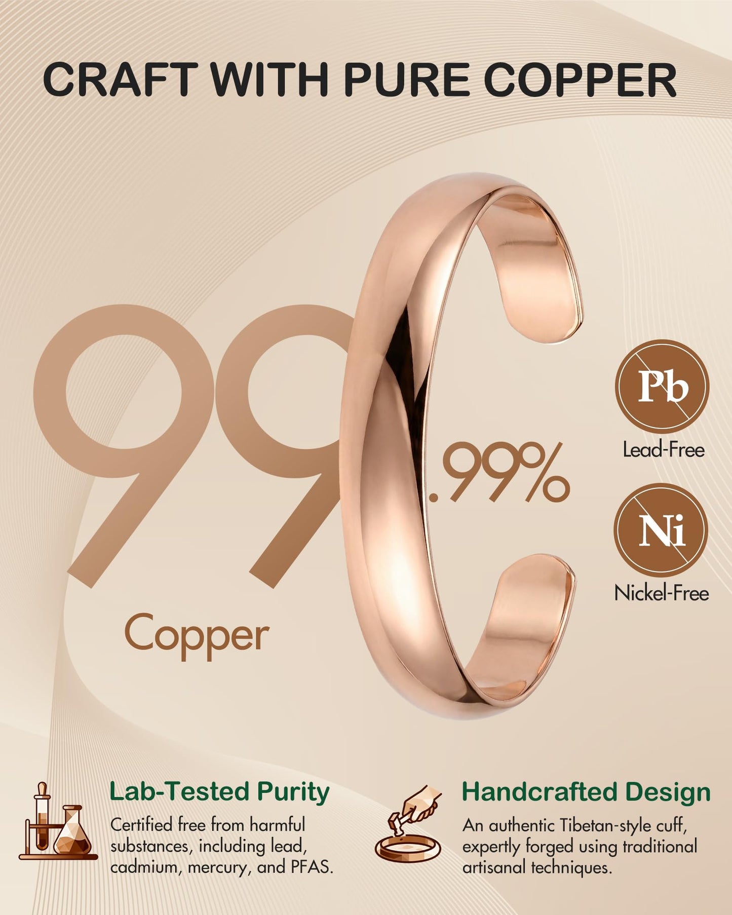 Feraco Pure Copper Bracelets for Women & Men, 99.99% Real Copper Tibetan Cuff Bangle, Adjustable Handmade Jewelry Gift