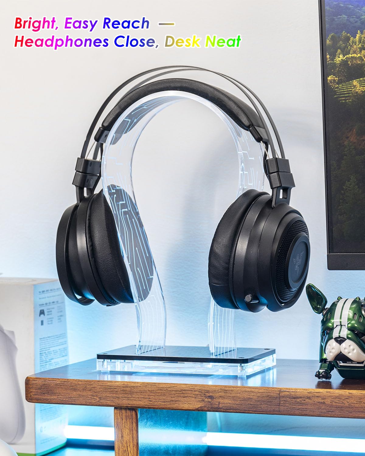 OAPRIRE Acrylic RGB Headphone Stand | Customizable 213 Lighting Modes & 60,000 Colors, Lights Sync with Music Beat, Headset Stand with 4.8ft USB Power Cable & Sturdy Build