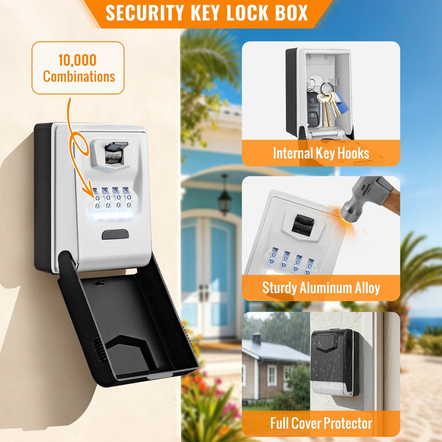 HUANLANG Key Lock Box Wall Mount - Outdoor Combination Lock Box with 6 Dials Light Up, Waterproof Key Safe Large Capacity for House Office Garage School