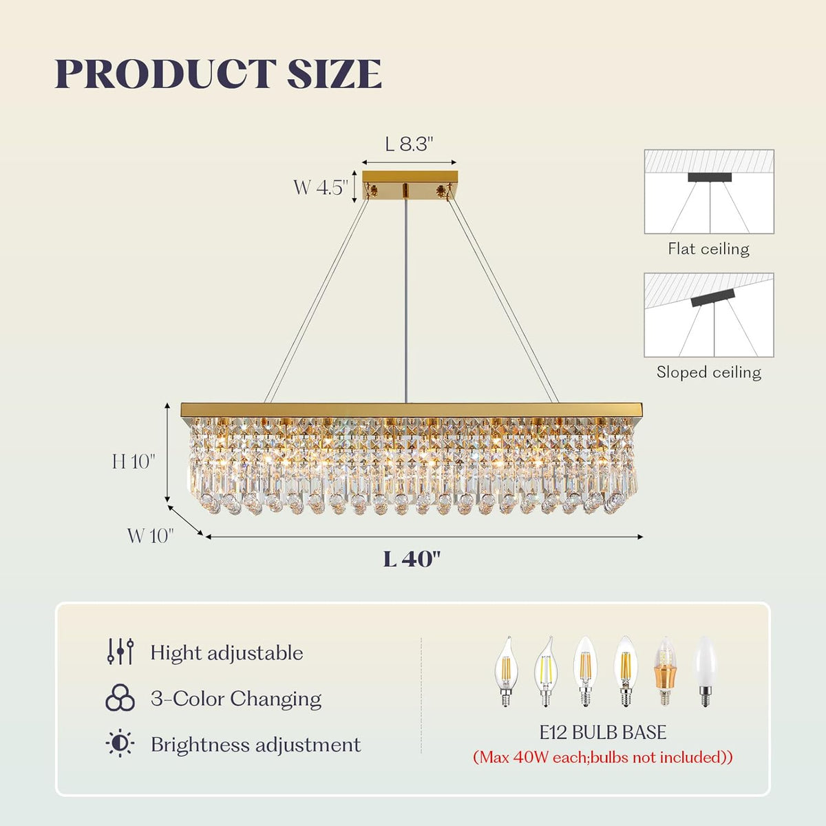 Modern Crystal Chandelier for Dining Room,Gold Luxury Crystal Chandelier,8 Lights Rectangular Rectangle Light Fixture for Living Room Kitchen Island L40''xW10''xH10''