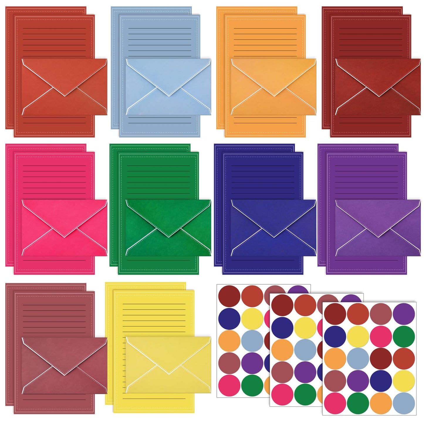 TaoBary 160 Packs Stationery Paper Set (50 Double Sided Stationery Writing Papers 50 Matching Envelopes) 60 Round Dot Sticker, 10 Design (Bright Color)