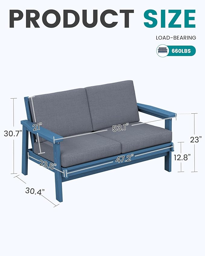 SERWALL HDPE Outdoor Patio Loveseat, Blue Frame and Grey Cushion
