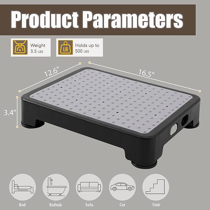 CHIKILLA Step Stool for Adults Kid and Seniors, Non-Slip Step Platform Indoor and Outdoor for Pregnant Woman, Portable Stair Assist for Kitchen Office Bedroom Car Bedside and Shower, Black-Black 3.4In