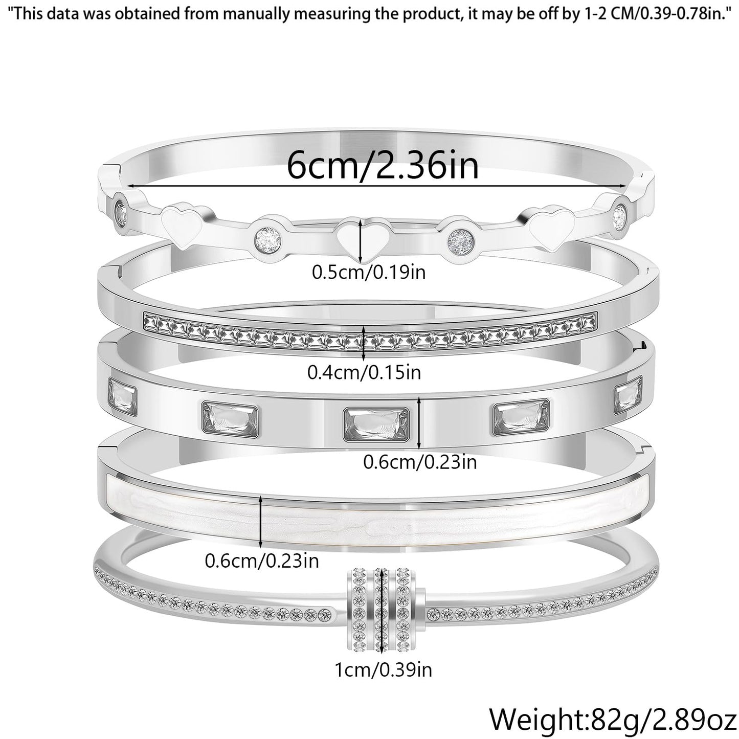 Camhanno 5-Piece Stackable Silver Bangle Bracelet Set for Women - Stainless Steel with Pink Crystal Friendship & Love Heart Bracelet Jewelry Gift for Her (Silver+White)
