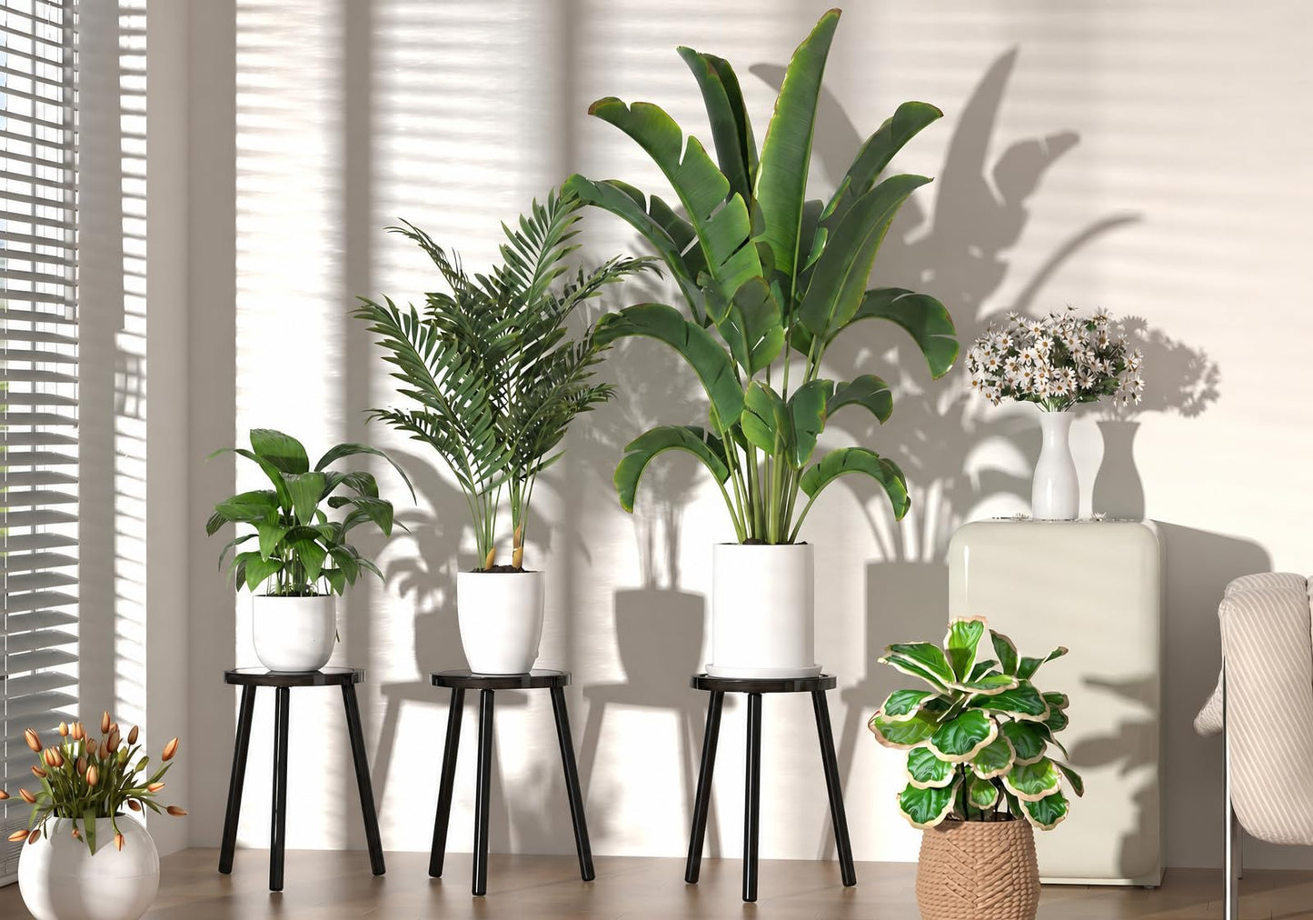 Vecxoty 2-Pack Wood Plant Stands Indoor, 16.7" Tall Plant Stand Outdoor Mid-Century Plant Stool, Single Plant Table Modern Small Round Side/End Table for Living Room, Balcony, Office(Black)
