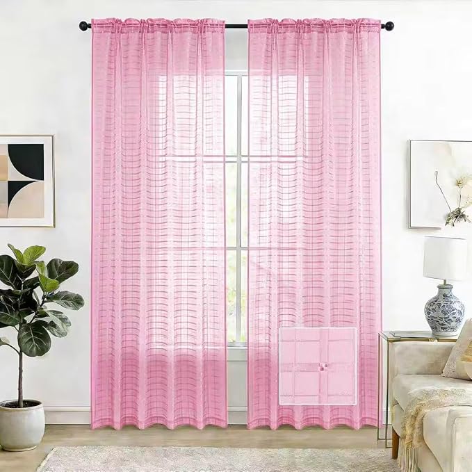 SpaceDresser Check Sheer Curtains 96 Inches 2 Panels Set, Rod Pocket Plaid Window Curtain for Living Room, Pink Semi Sheer Drapes for Kitchen Bedroom Children Room Yard（Pink, 52W x 96L）