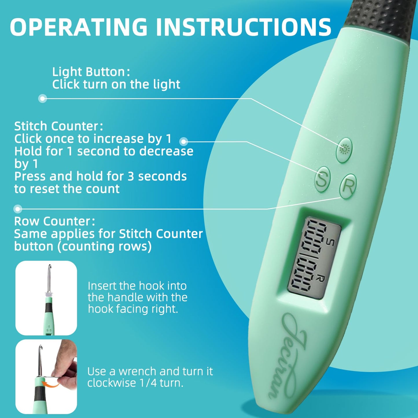 Jeciran 24 Interchangeable Heads Light Up Crochet Hook Set with Digital Stitch Counter,Ergonomic Rechargeable LED Crochet Hooks for Dark Yarn & Arthritic Hands,Knitting Tool Kit,Gifts for Crocheters