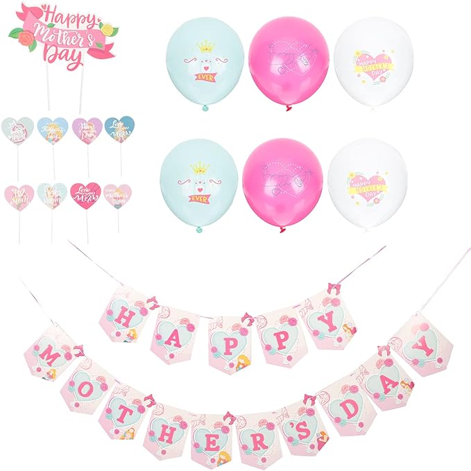 LUOZZY Mothers Day Party Decorations Kit with Balloons Banners Cake Toppers for Festive Scene Setup and Celebration