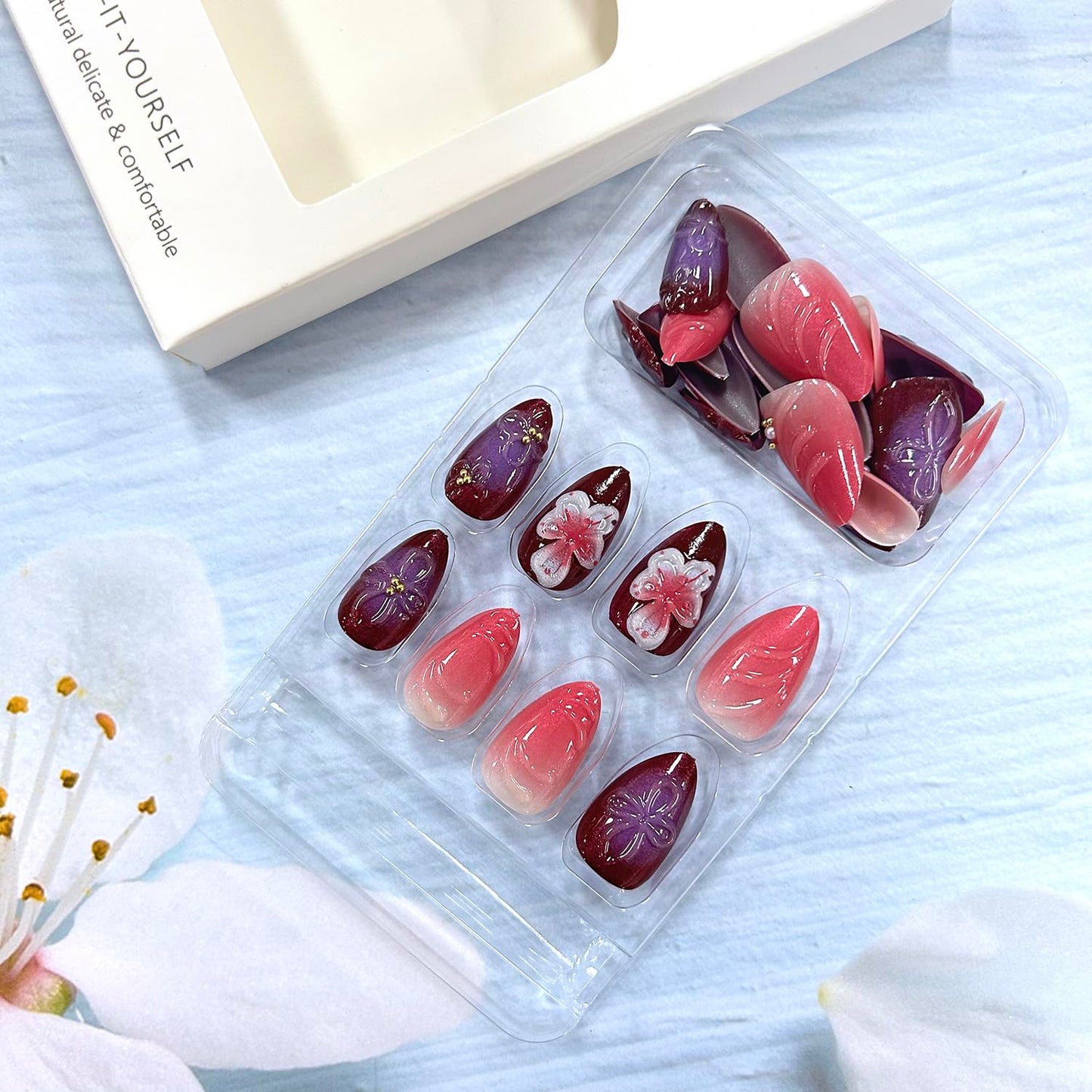 Flower Press on Nails Medium Almond 3D Stereoscopic Floral With Pearl Design Coffin Acrylic Full Cover Artificial Nails for Women
