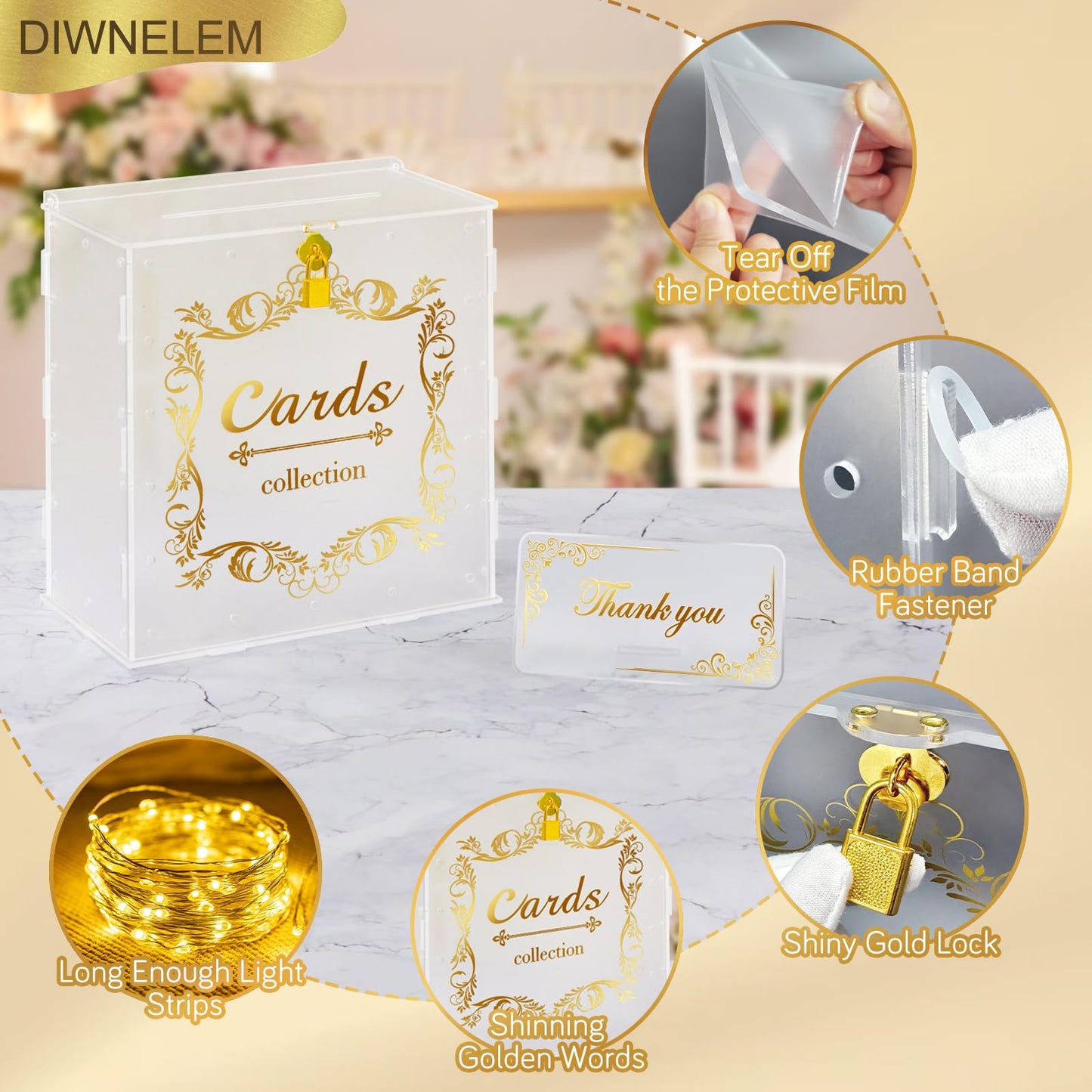 DIWNELEM Acrylic Wedding Card Box with Lock String Light Frosted Large Card Box for Wedding Letter Box Envelope Box Acrylic Gift Card Box Money Box for Party Birthday Reception