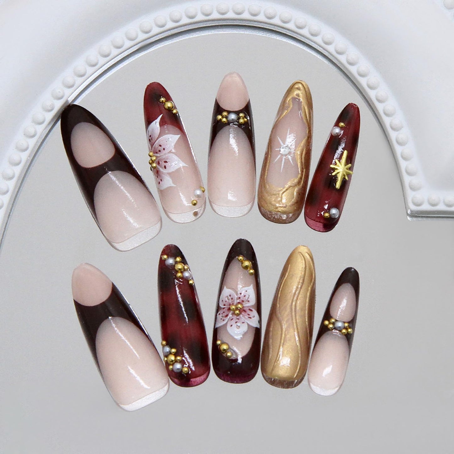 RUOKEXIN Long Press on Nails Almond Fake Nails French Tip False Nails with 3D Gold Designs Stiletto Nail Press ons Sparkly Artificial Nails for Women 24Pcs