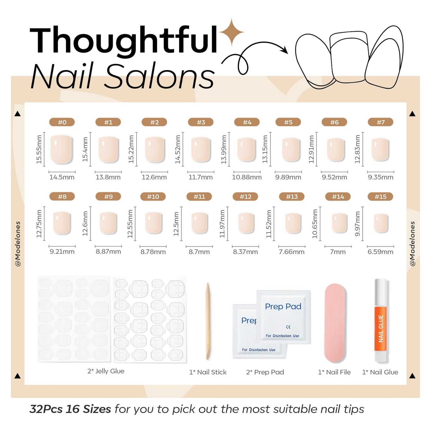 Modelones Extra Short Press on Nails, Milky White Squoval Fake Nails, Reusable Nail Kit with Nail Glue Adhesive Tabs Mini Nail File, Nails Press Ons 32Pcs 16 Sizes, Spring Women Girl Gift