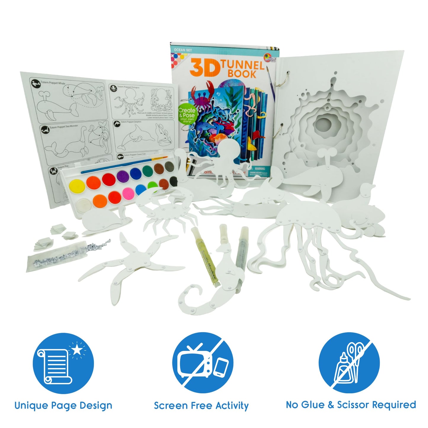 EyeConnect Crafts DIY 3D Tunnel Book Kit – Creative STEAM Art & Craft Set for Kids & Teens, Build, Paint & Make Your Own Book with Posable Interactive Animals & Characters (Ocean)
