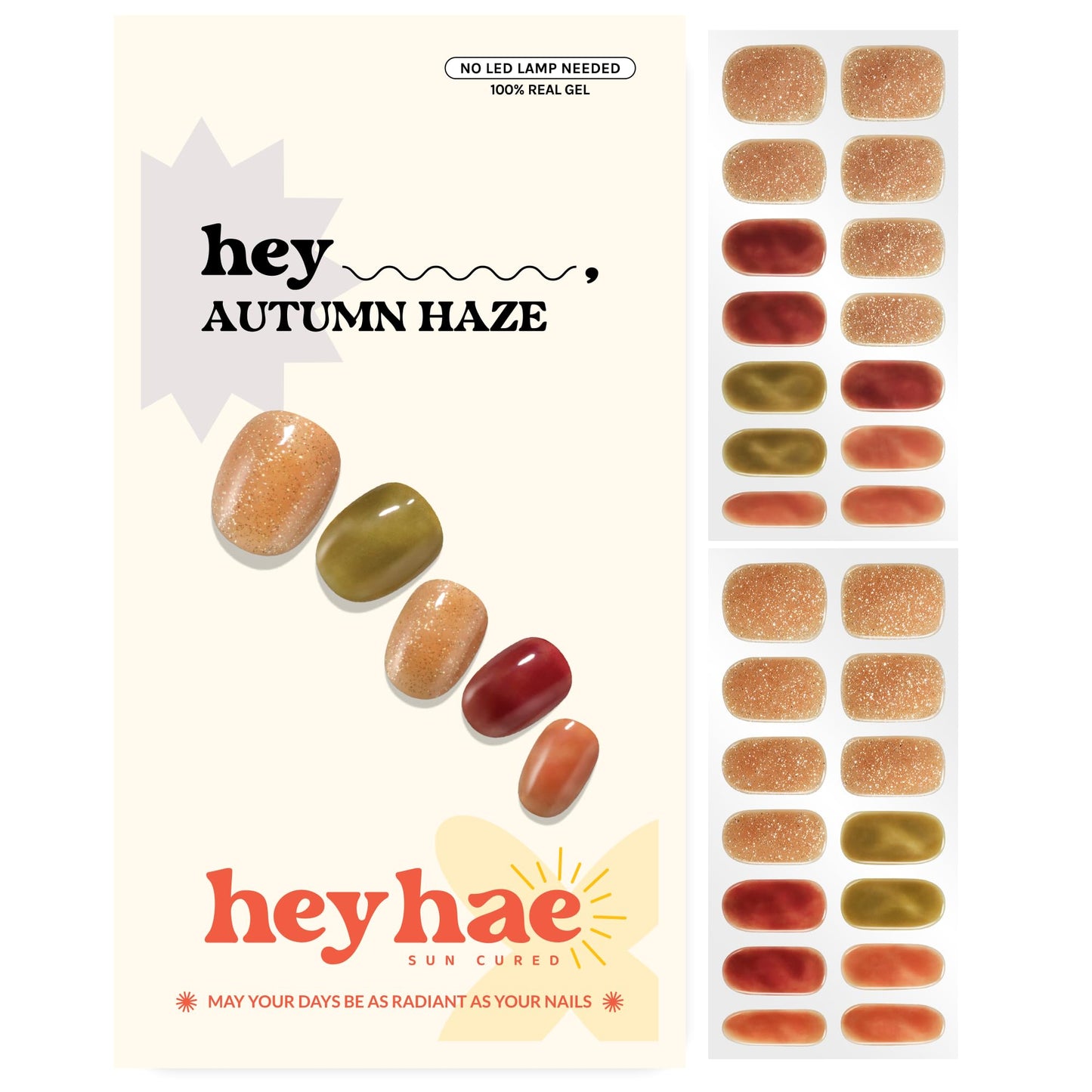Heyhae Semi Cured Gel Nail Strips | No LED Lamp Needed | Fall, Glitter, Marble | Easy Apply & Remove, Salon Quality | Includes 28 Strips, 1 Prep Pads, Nail File & Wooden stick - Hey, Autumn Haze