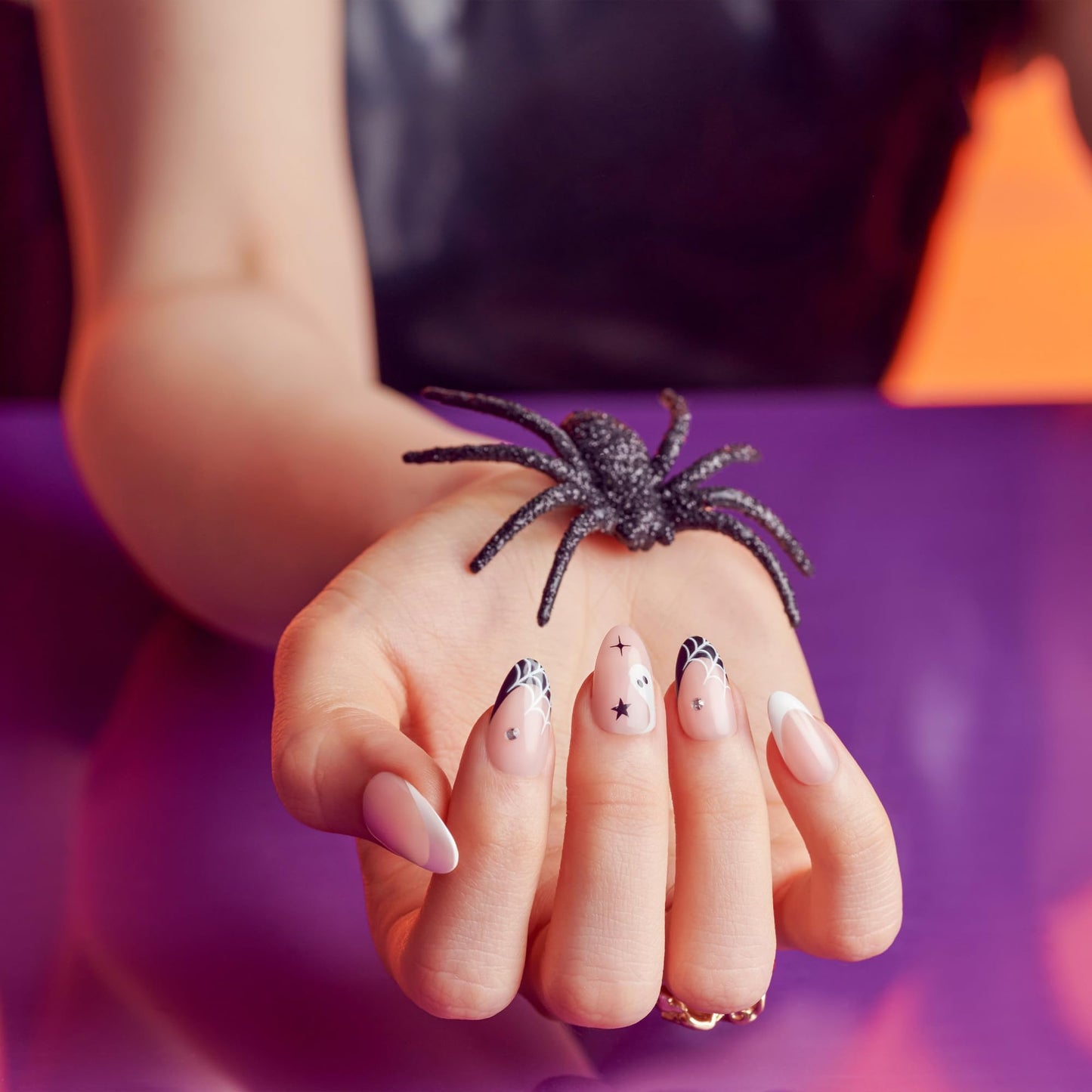 KISS imPRESS Halloween Press On Nails Almond, ‘Drop-dead Gorg’, White, Medium, Glossy Finish, No Glue, Glow-In-The-Dark, Includes Prep Pad, Mini Nail File, Manicure Stick & 30 Fake Nails