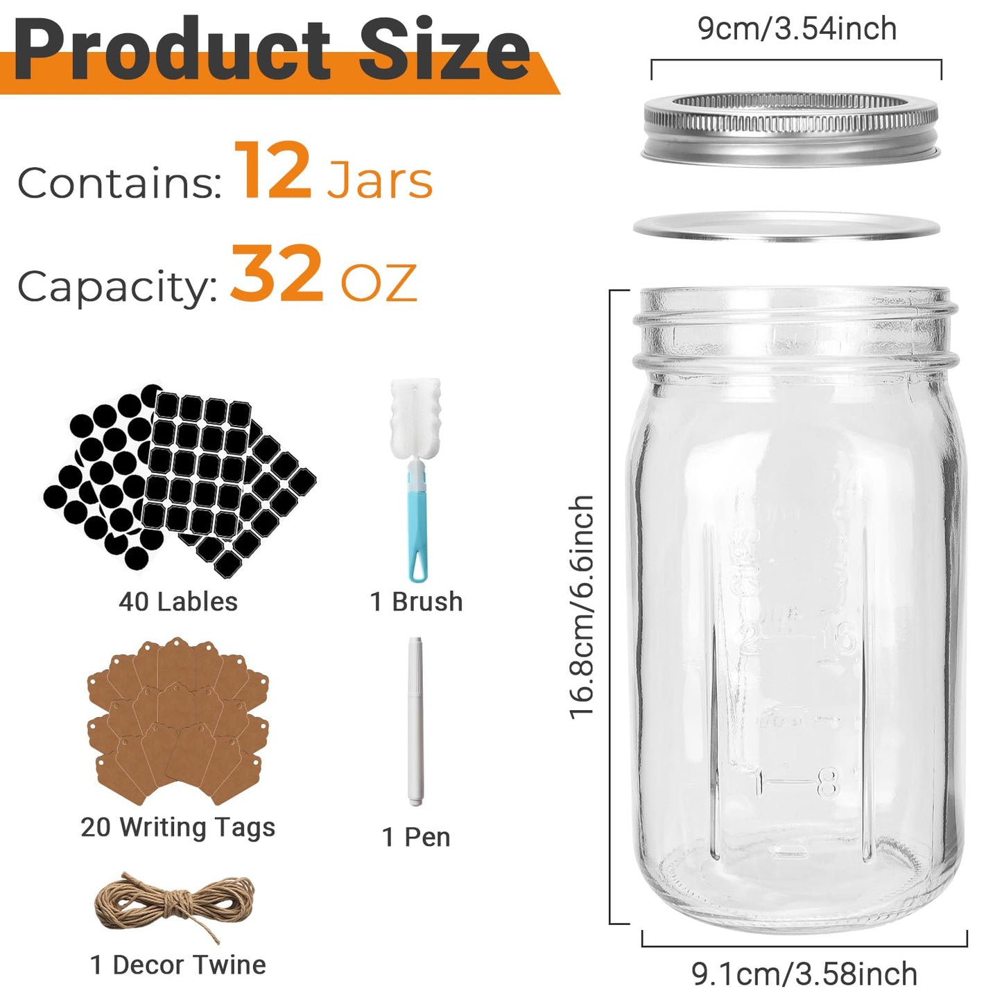 CycleMore Wide Mouth Mason Jars 32 oz, 12 Pack Large Glass Mason Jar with Metal Airtight Lids and Bands, 1 Quart Canning Jars for Pickling, Fermenting, Food Storage & DIY Projects