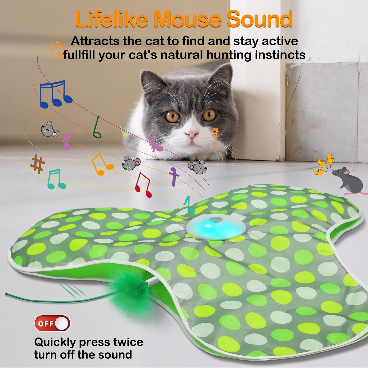 umosis Interactive Cat Toys Rechargeable,Moving Concealed Feathers,Real Mouse Squeaky,Touch Activated Cat Kitten Toy Exercise Toys for Indoor Bored Adult Cats