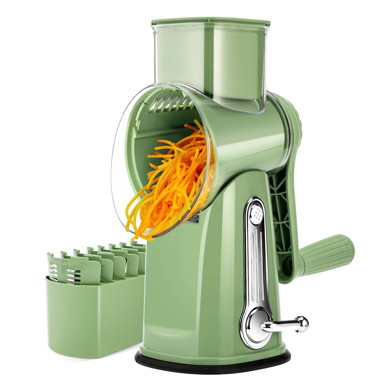 SUSTEAS Rotary Cheese Grater with Handle - Vegetable Shredder with 5 Well-designed Blades & Strong Suction Base,Round Mandoline Slicer & Food Chopper for Kitchen,with Blade Storage Box(Retro Green)