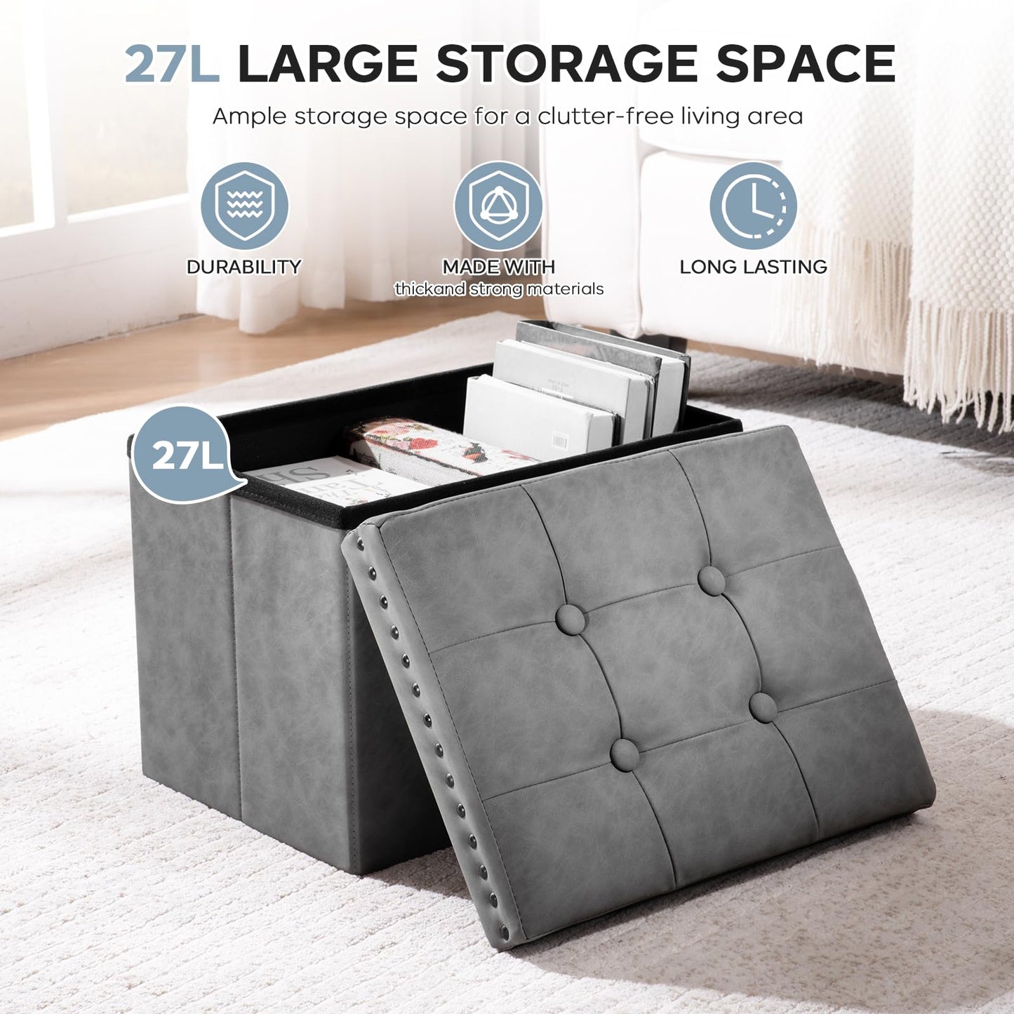 oakvivo Storage Ottoman Cube 16x12x12 inches, Small Faux Leather Tuffed Foot Rest Stool with Rivet Design, Foldable Ottomans Footstool, Box Chest for Bedroom, Entryway, Load 242 lb, Grey