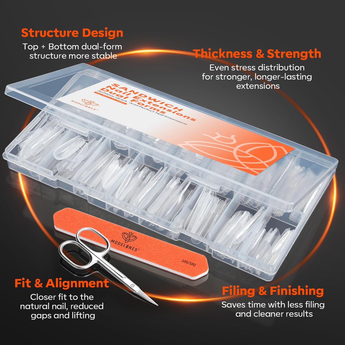 Modelones Poly Nail Gel Sandwich Nail Form Dual System, 240 Pcs Reusable Top & Bottom Oval Coffin Nail Forms with Guide Lines Side Locking Clips Stable Apex Control Builder Gel Structure Extensions