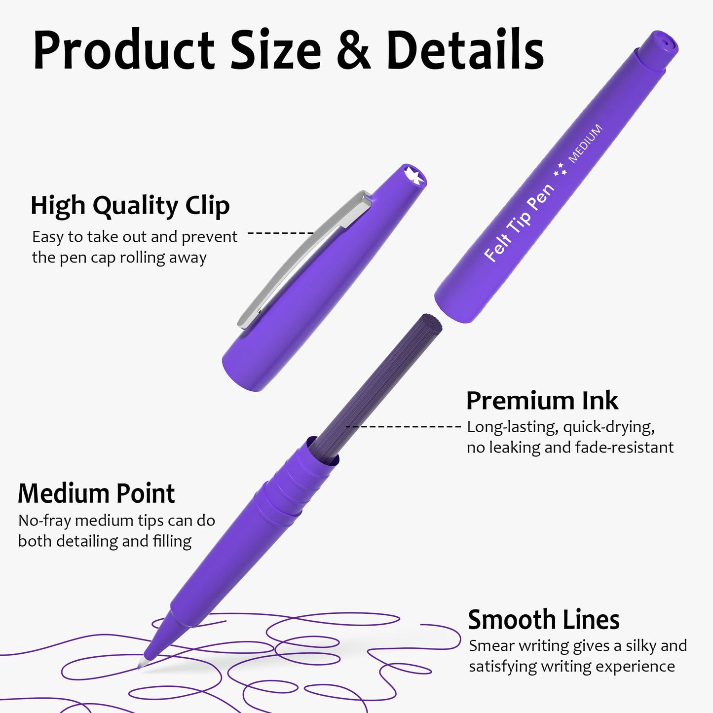 Lelix Felt Tip Pens, 60 Purple Pens, 0.7mm Medium Point, Felt Tip Markers Pens for Journaling, Writing, Note Taking, Planner, Perfect for Art Office and School Supplies
