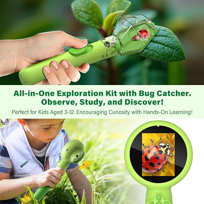 Microscope for Kids with Bug Catcher, 1080P HD Digital Handheld Portable Kids Microscope, 2 in 1 STEM Science Educational Learning Kit Christmas Birthday Gifts Toys for 3-15 Boys & Girls (Green)
