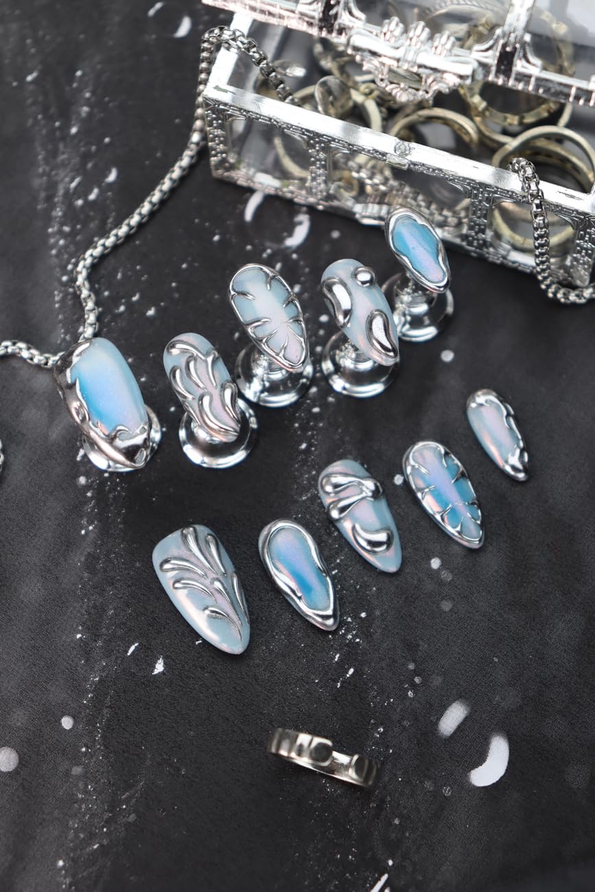 RDNTBEU Press on Nails Blue Ombre Medium Almond 3D Fake Nails Reusable Luxury Handmade False Nails with Design Solid Chrome,Press ons Muti-Layer Gel Acrylic Handmade Nails for Wome Manicure(Size S)