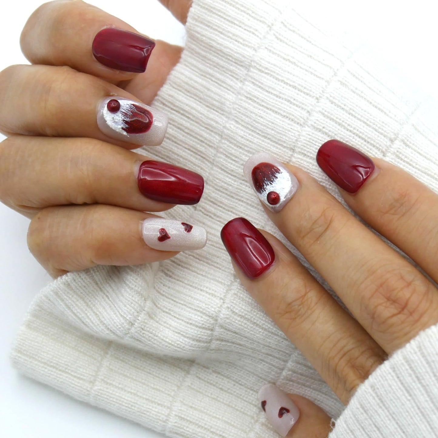 Pearl White and Red Holiday Design with Hearts and Bowson on Nail Art Design for Women, Short Press-On Nails, in 10 Sizes