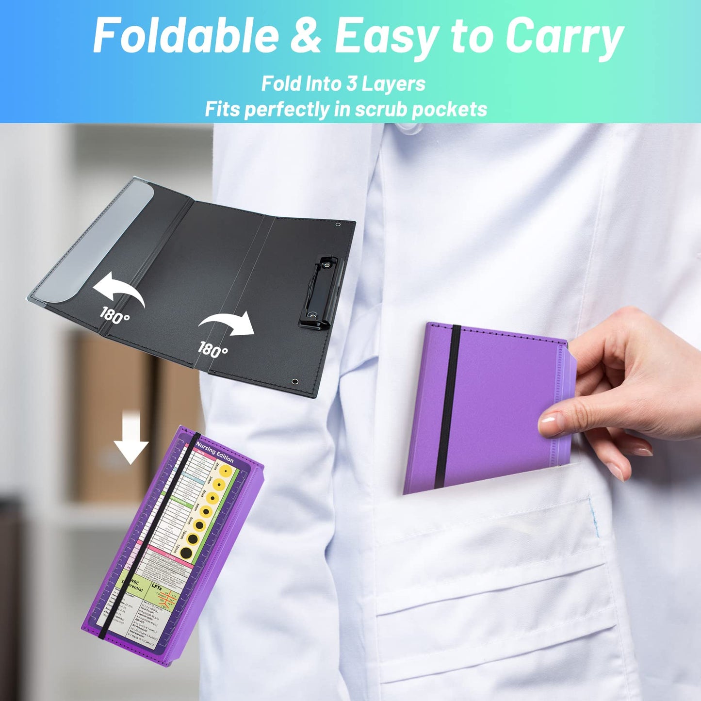TWUTGAYW Nursing Clipboard, Portable Foldable Clipboard Pocket Size, 3 Layers Clip Board with Pen Holder for Students, Doctors, Nursing Edition clipboard with Elastic Band Notepad (Purple)