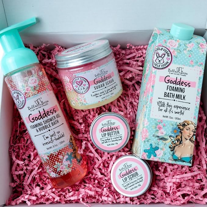 Bella & Bear Goddess Mega Bath & Body Gift Set with Foaming Shower Gel & Bubble Bath, Bath Milk, Body Scrub & Lip Scrub and Lip Butter - Gift for Women for Easter gifts or Mothers Day basket.