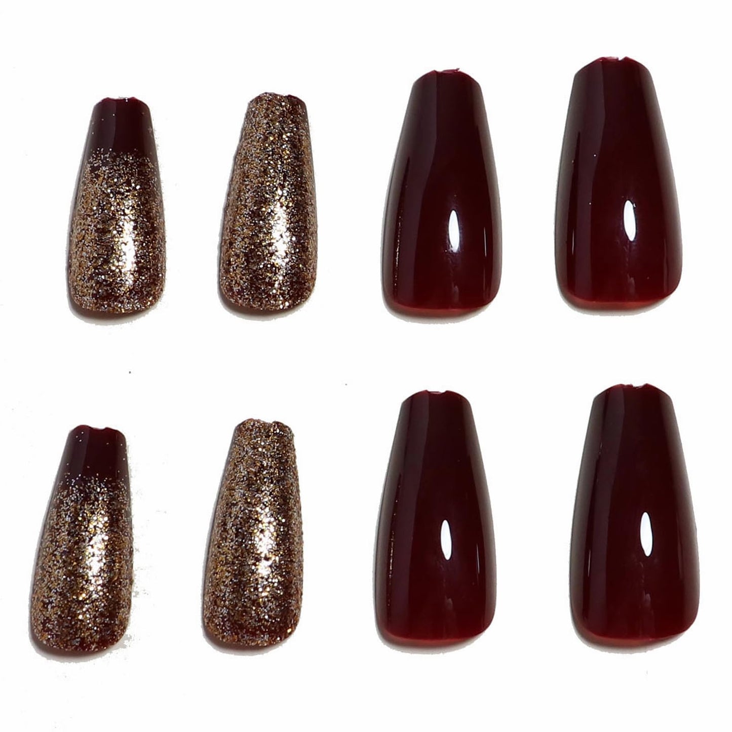 MISUD Press on Nails - Long Coffin Glue on Nails with Wine Red Burgundy, Acrylic Bling Gold Glitter Design 24 pcs