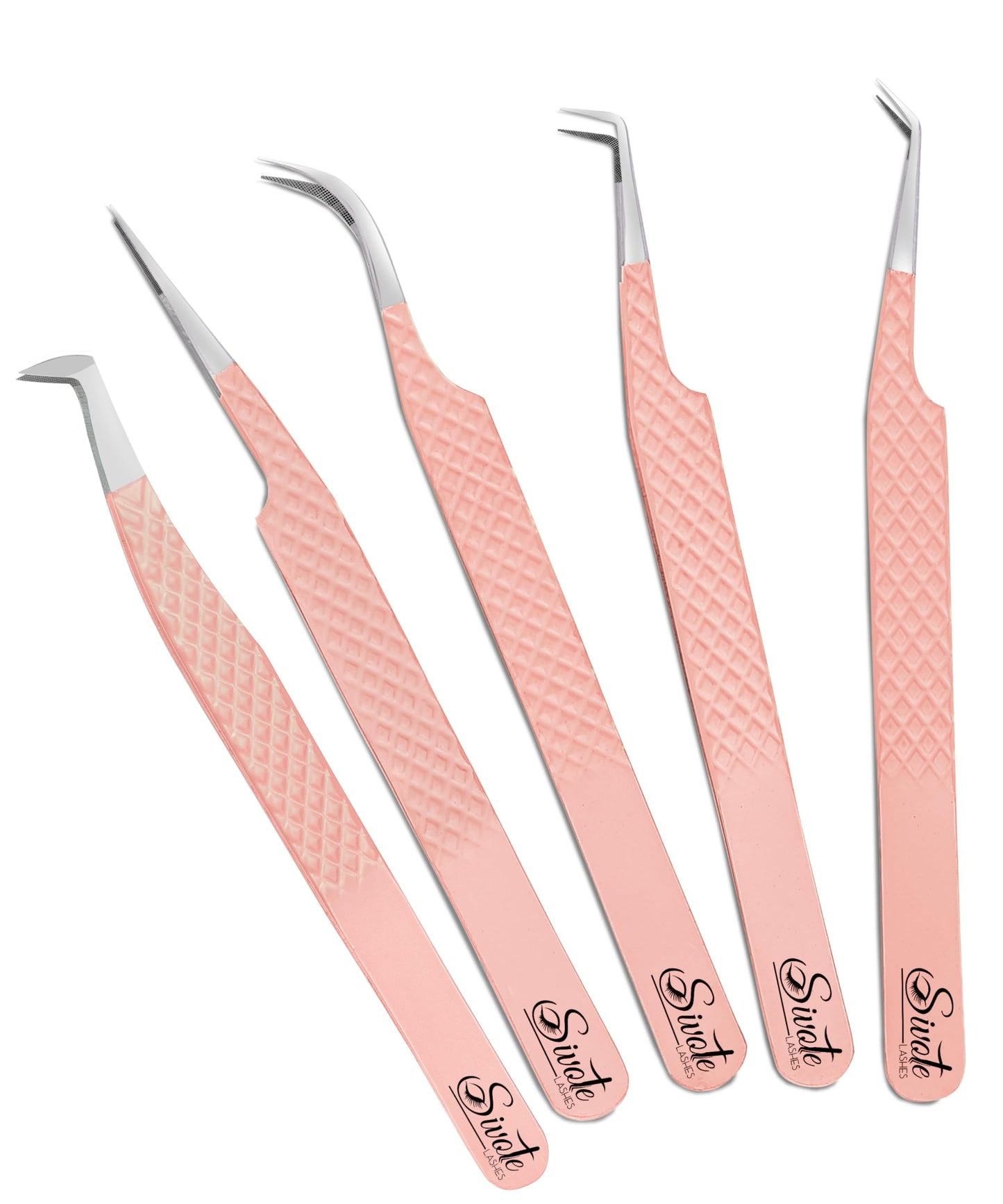 SIVOTE Lash Tweezers for Eyelash Extensions, Pack of 5 Peach – Lash Extension Tweezers Set with Diamond Grip, Precision Fiber Tip for Volume Eyelash Extensions