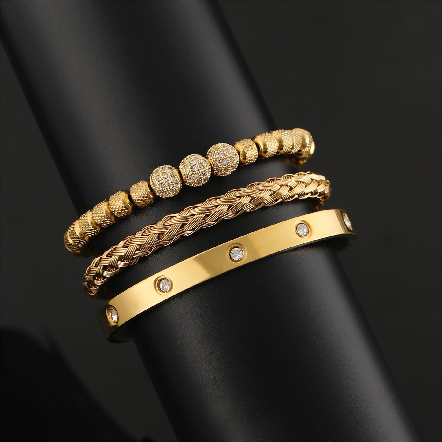 WFYOU 3PCS Stainless Steel Bracelets for Men Gold Roman Numeral Bangle Bracelet Twisted Cable Bracelet Adjustable Cuff Bracelet Mens Luxury Jewelry Bracelets Gifts(N:Gold-CZ Round Beads)