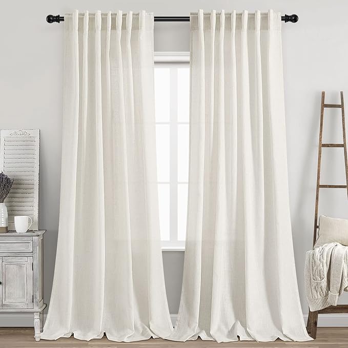 Cream Linen Back Tab Curtains 94 Inch Length for Living Room 2 Panel Set Neutral Modern Farmhouse Window Curtain Privacy Semi Sheer Linen Drapes Rustic Pinch Pleated Look Curtain Natural Ivory