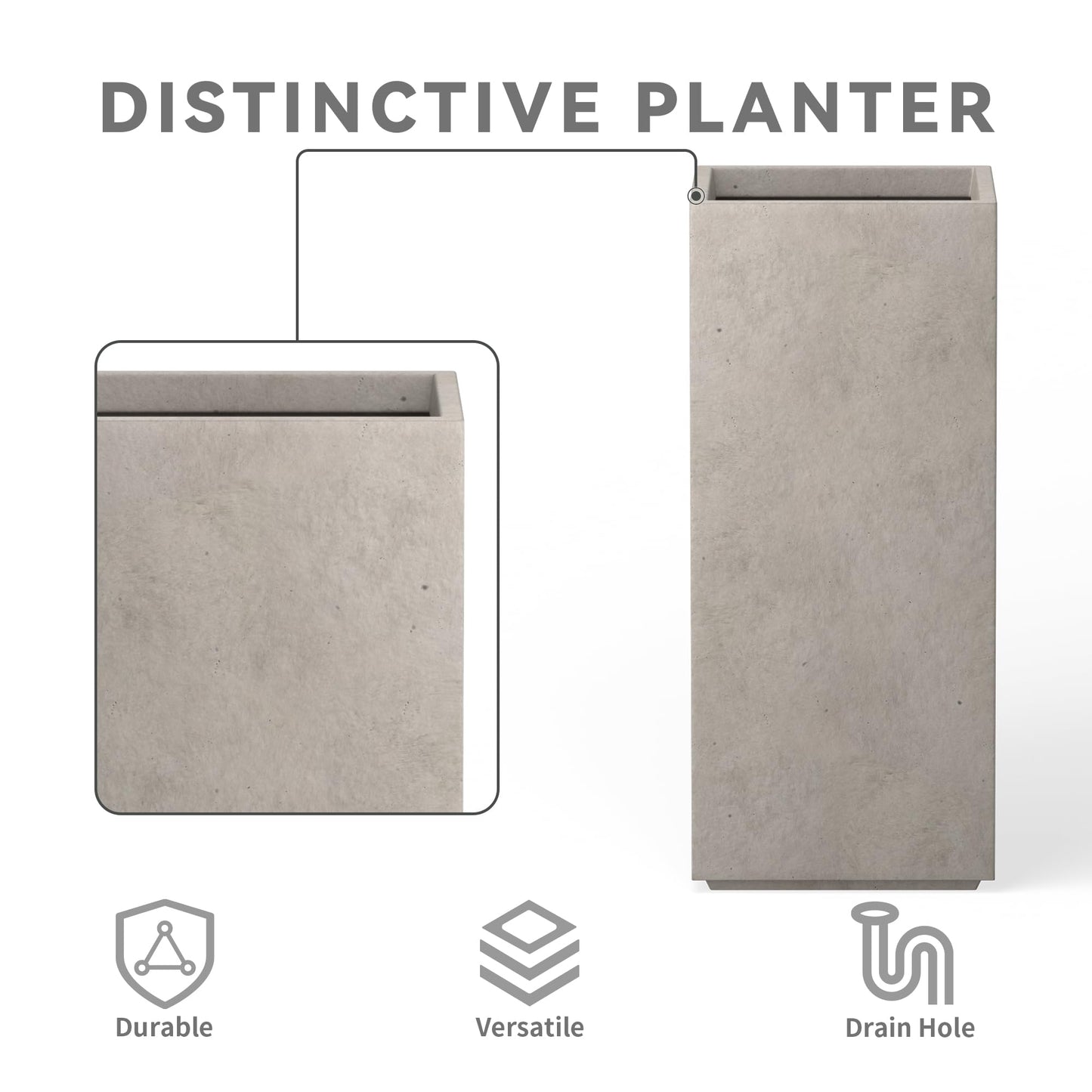 Kante 19.9" H Tall Rectangular Concrete Planter, Modern Square Diameter Plant Pot with Drainage Hole and Rubber Plug for Indoor Outdoor Home Patio Garden, Weatheted Concrete