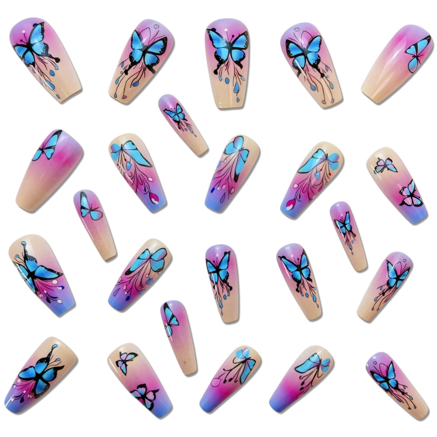 Spring press-on nails long ballet false nails with blue butterfly pattern false nails blue gradient cute leaves acrylic nails summer women's nail decoration 24 pieces