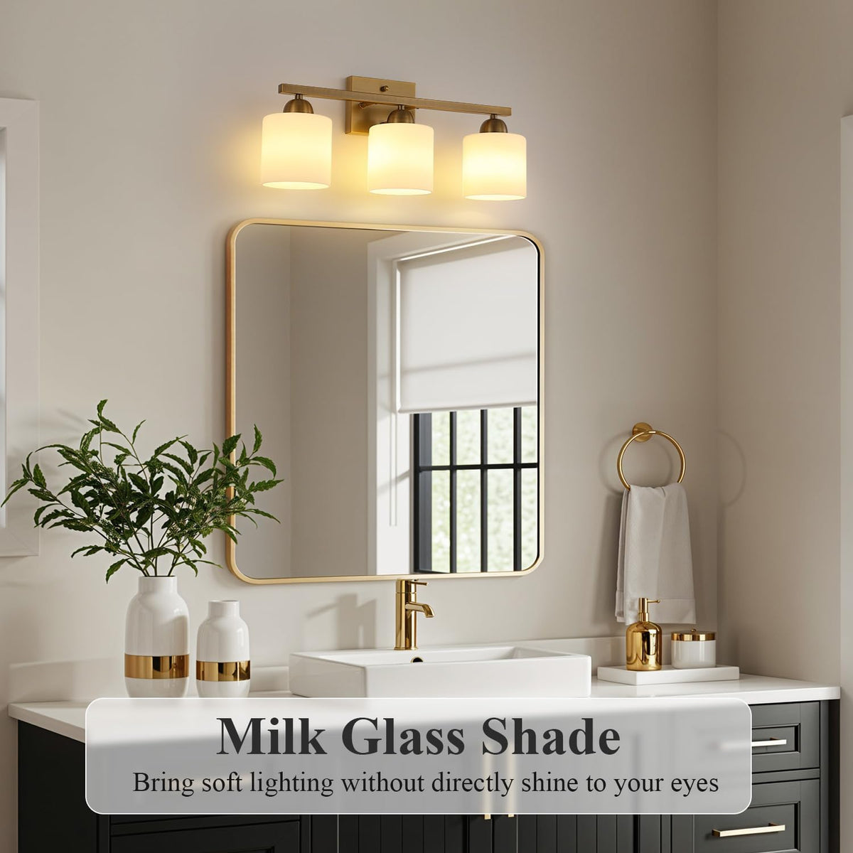 Stainless Steel Milk Glass Vanity Lights for Bathroom, 3 Light Brass Bathroom Light Fixtures Over Mirror, Ceramic E26 Sockets Wall Mounted