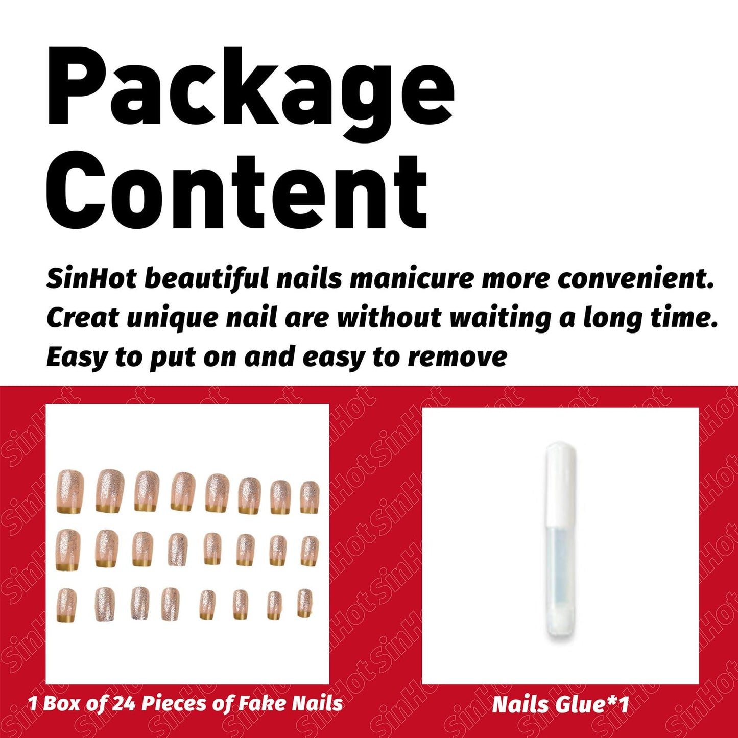 SINHOT Square Press on Nails Medium Fake Nails Glossy Glue on Nails Bling Glitter Acrylic Nails Squoval Artificial Nails Gold French Tip Stick on False Nails with Design 24 pcs