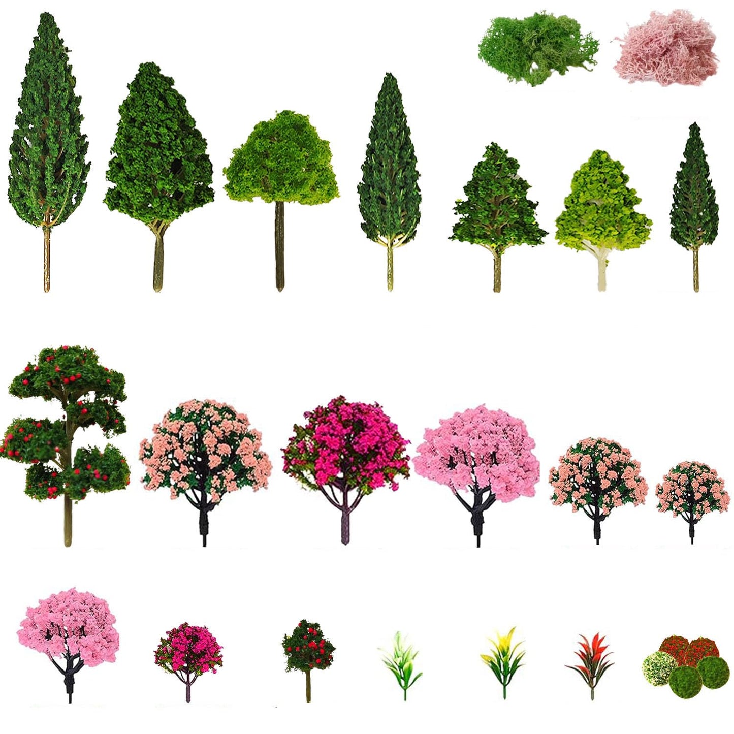 QuarenDen Mixed Model Trees, Model Train Scenery, 37Pcs, Miniature Trees with Moss for Building Model, Natural Green Landscape, Railroad Scenery