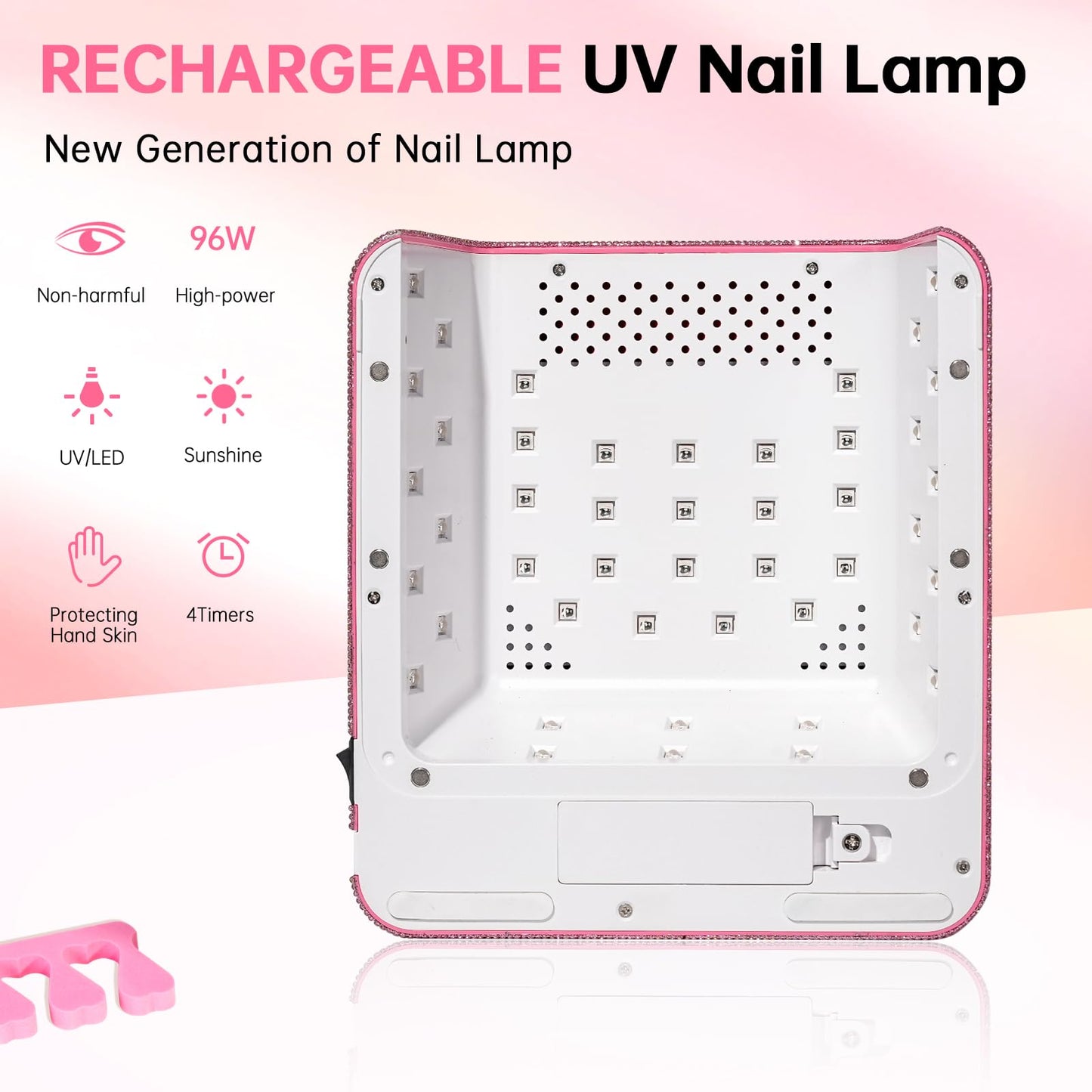 CHRISTINE SHELLY UV Nail Lamp,96W UV Light for Gel Nails, Cordless Nail Light,Rechargeable Nail Dryer, Touch Control & Auto Sensor,Fast Curing Manicure for Salon & Home (Pink Diamond)