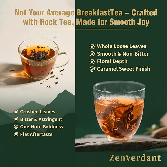 ZenVerdant Premium Breakfast Tea Loose Leaf, 8oz | Smooth Rock Tea Base, Floral Notes, Caramel Sweet Aftertaste, Smooth & Non-Bitter | 3+ Steeps