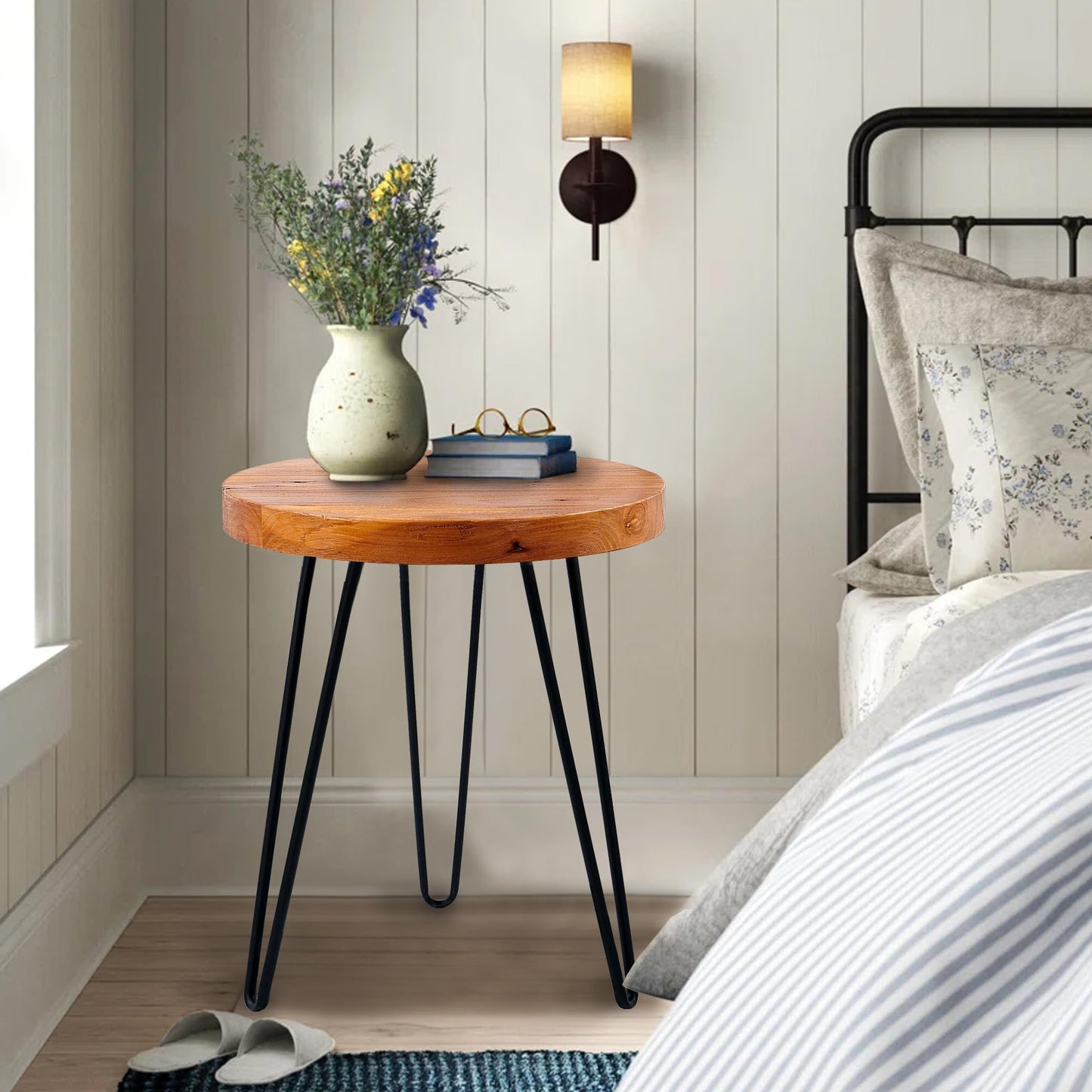 Warmaxx Elm Solid Wood Side Table 15.6" x 15.6" x 20.8"H Round Accent Vintage Coffee End Tables Rustic Plant Stands Living Room Patio Bedroom Nightstand
