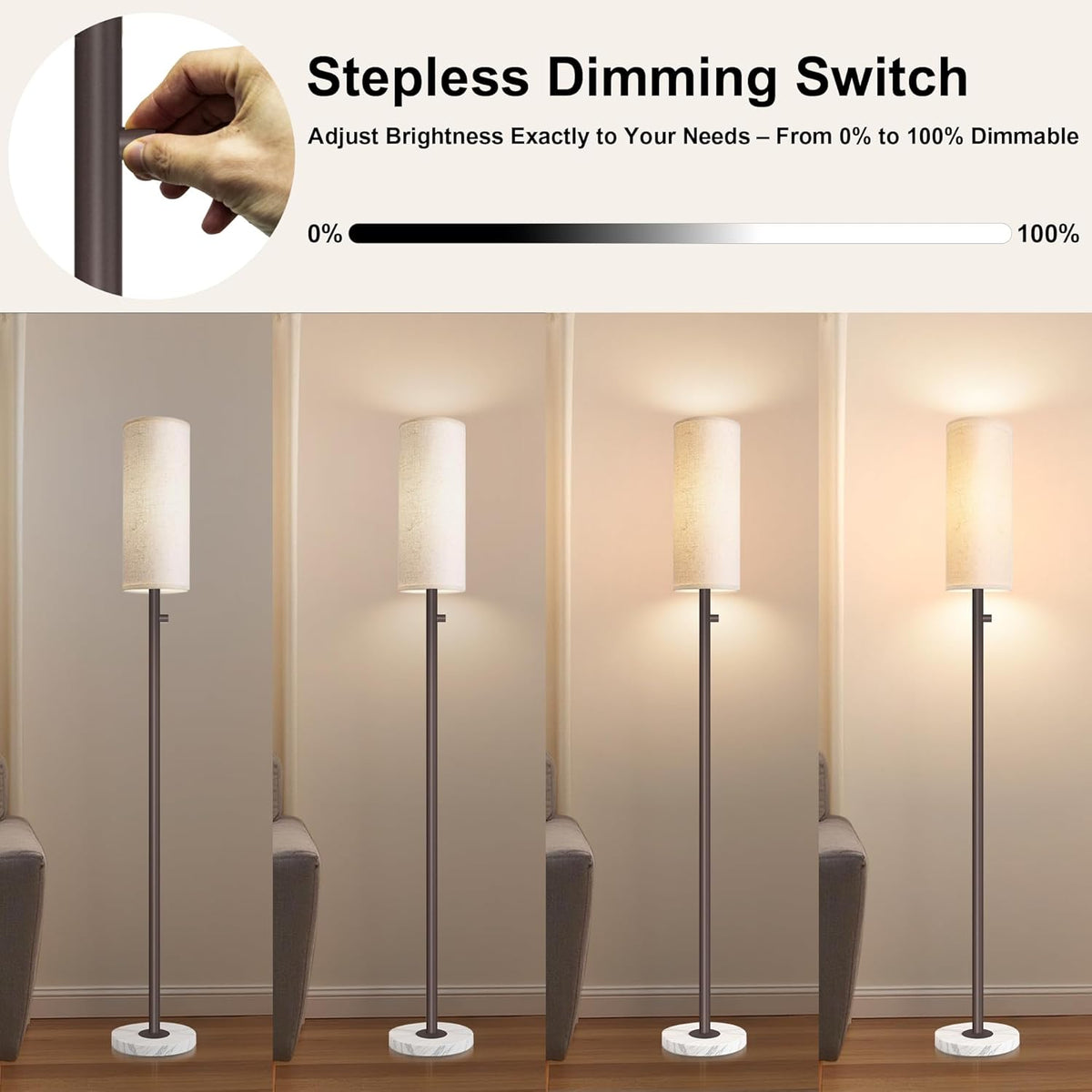 Dimmable Gold Floor Lamp for Living Room,Modern Standing Lamp with Marble Base,LED Bulb Included,Floor Lamps for Bedroom, Living Room,Office,Reading and Nursery(Brown Floor Lamp)