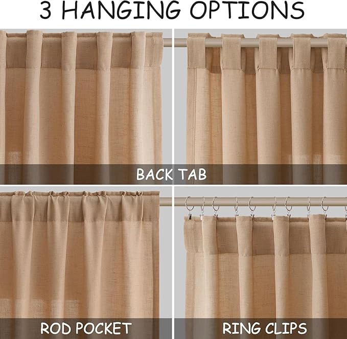 Nanspring Camel Linen Curtains for Living Room Extra Long 144 Inches Long Back Tab Light Filtering Semi Sheer Curtain Vintage Rustic Decor Floor to Ceiling High Window for Bedroom 52x144, 2 Panels