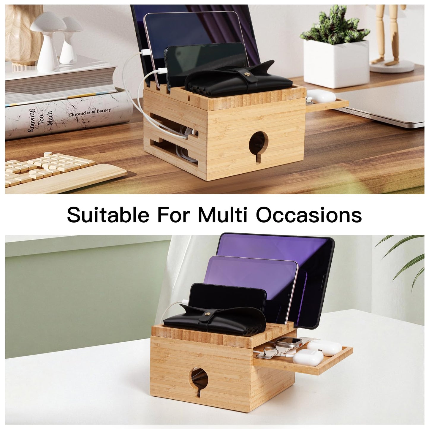 PERFECYEE Bamboo Charging Station for Multiple Devices, Desktop Charger Organizer with Small Tray, Compatible with Cell Phone, Tablet, Earphones (with 5-Cable, No USB Charger)