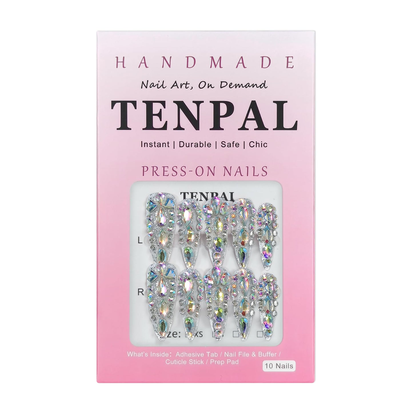 TENPAL 10Pcs Luxury Press On Nails Long Stiletto,Full Cover Crystal Glitter Fake Nail Set with Tools,Reusable Bride Wedding Nails for Bridal Party Bachelorette,Statement Making Glamorous Nail(L)