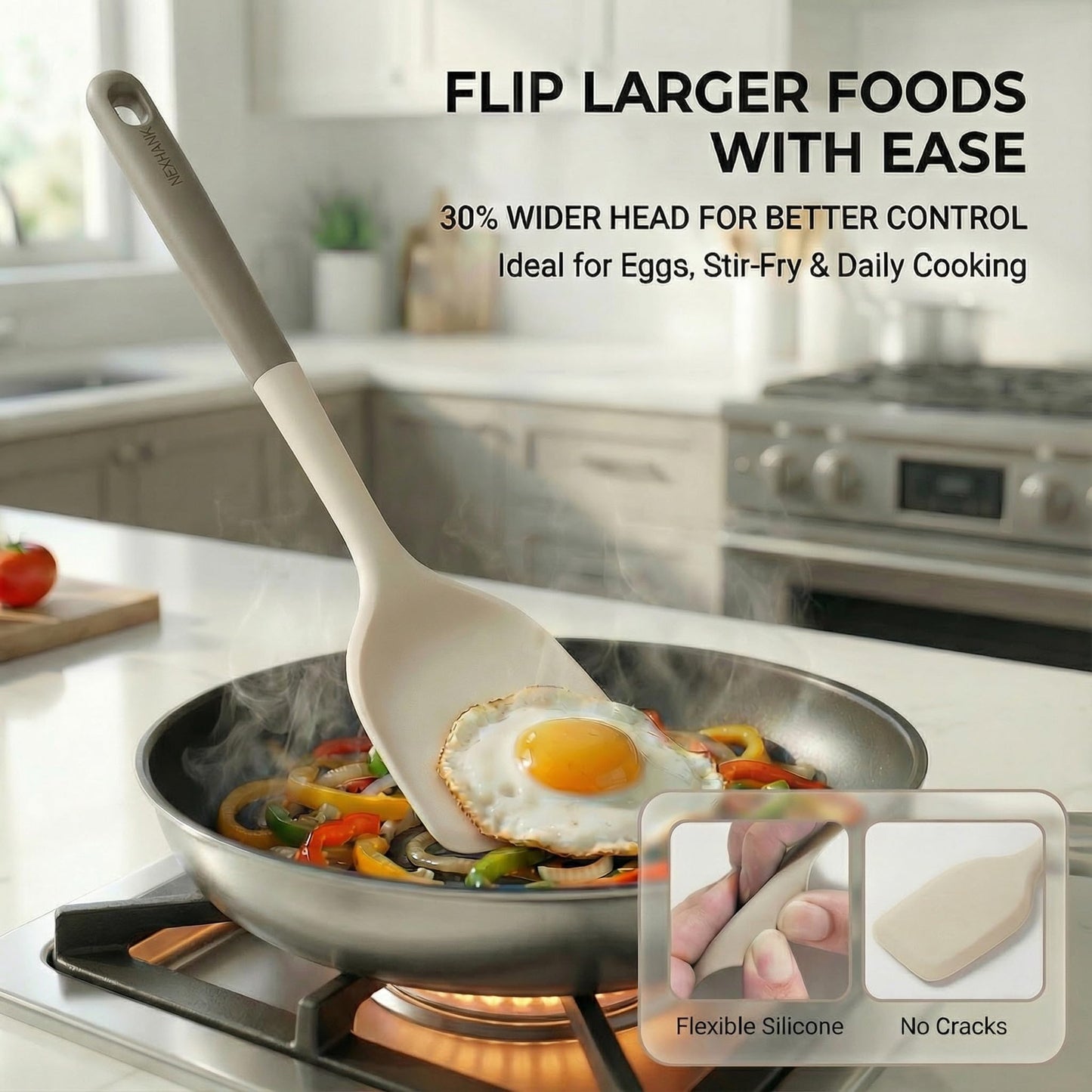Nexhank Silicone Kitchen Utensils Set, 6-Piece NON-PLASTIC 500°F Heat-Resistant BPA-Free Dishwasher Safe Cooking Tools with Upgraded Spatula,Turner Ladle Skimmer Pasta Fork Scraper, Cream White &Mocha