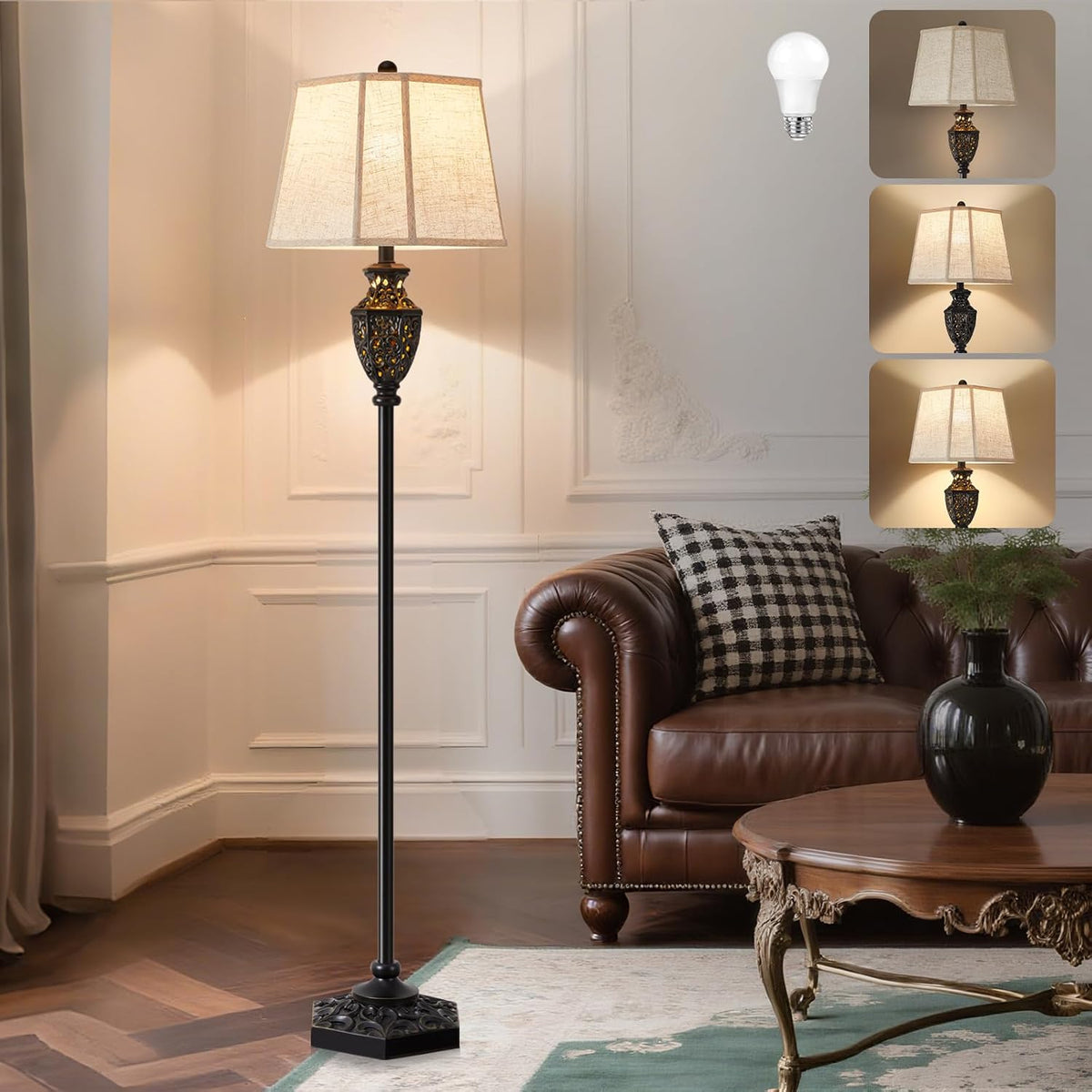 Luvkczc Vintage Black Floor Lamp - Hand-Painted Gold Resin with 6-Sided Carved Hollow Nightlight, Traditional Standing Lamp for Living Room, Bedroom, Study (Bulb Included)