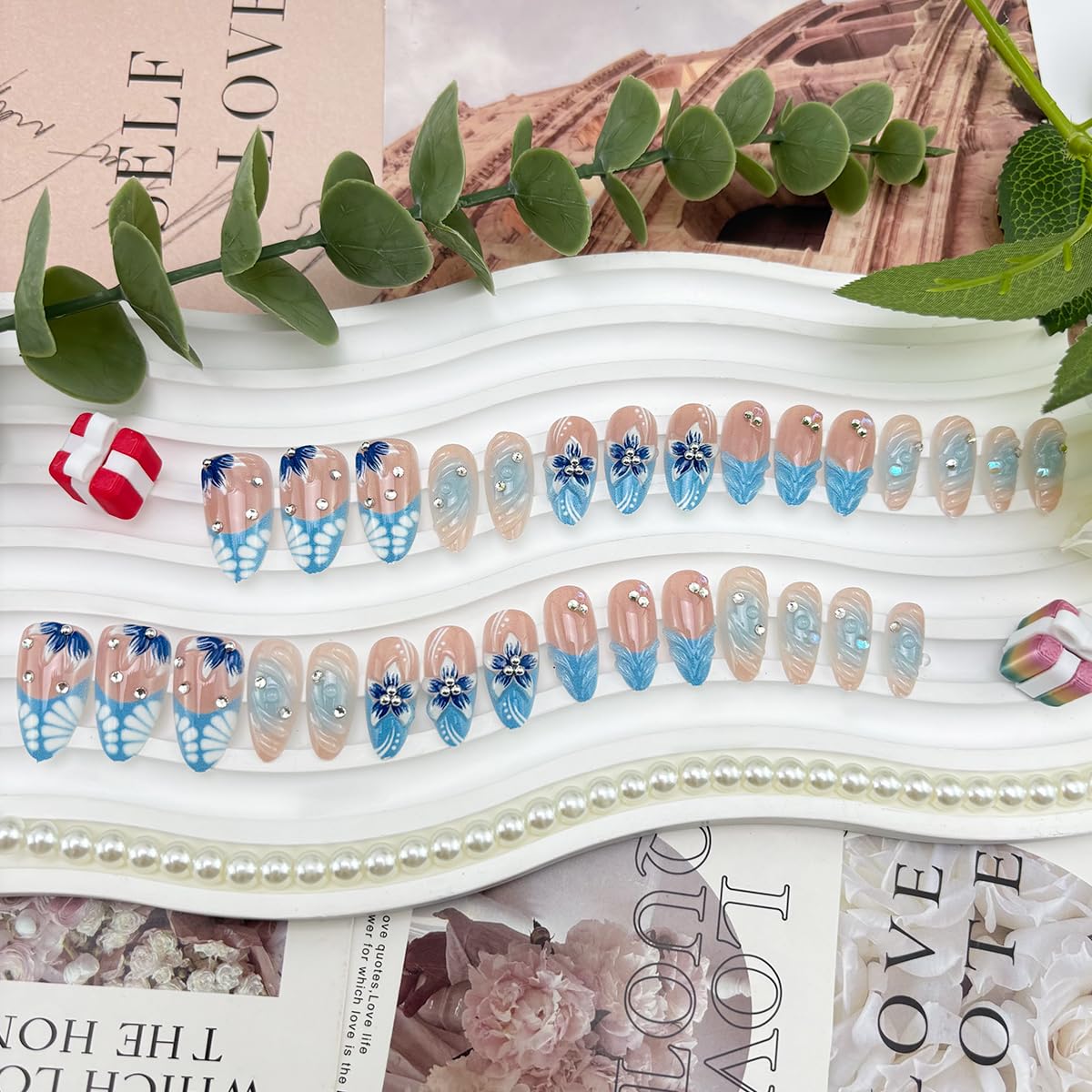 30Pcs Blue Flower Press on Nails Medium Almond Fake Nails with Sliver Beads Rhinestone Design Summer Glue on Nails Glossy Full Cover Handmade False Nails Reusable French Tip Acrylic Nails for Women