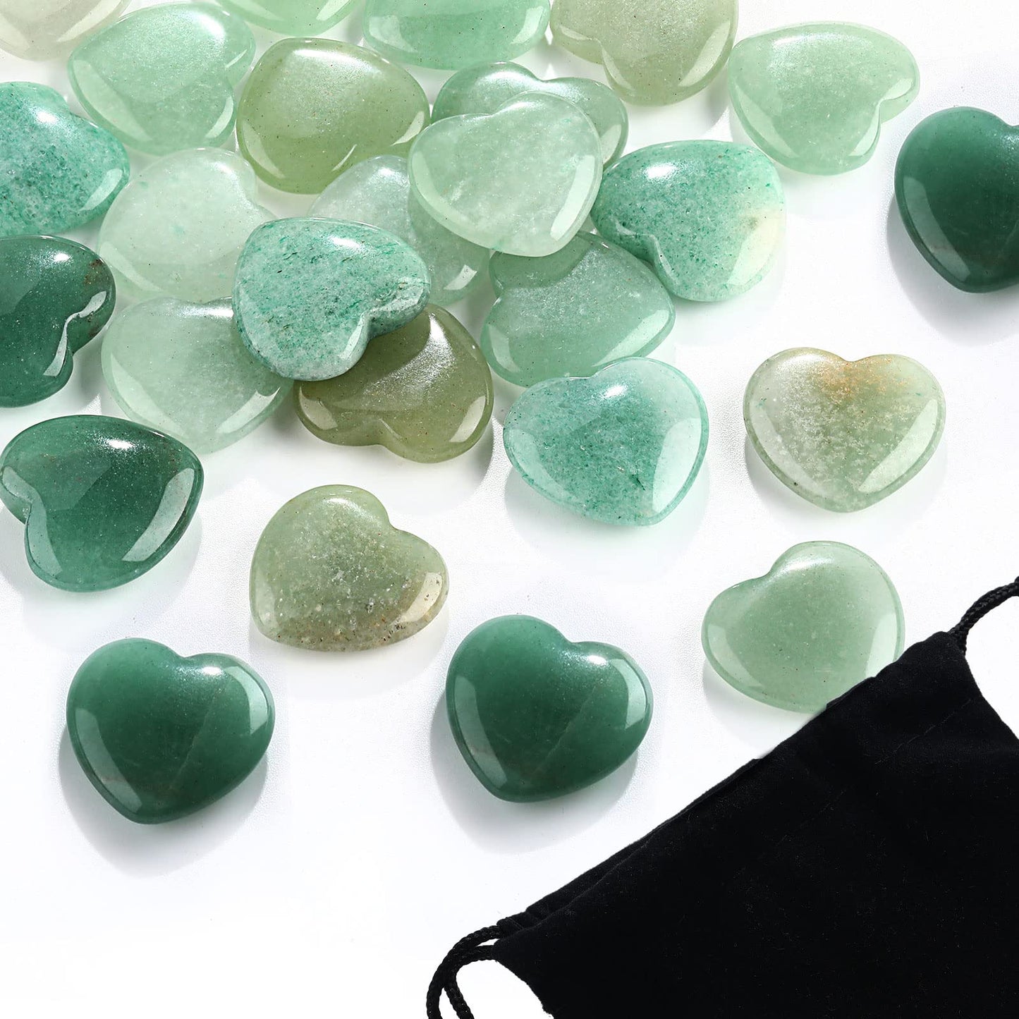 Patelai 24 Pcs Green Aventurine Heart Crystals Green Heart Shaped Worry Stones for Stress Relief, Mental Health Month, Reiki Balancing, Mini Pocket Gemstones Valentines Gift with Black Flannelette Bag